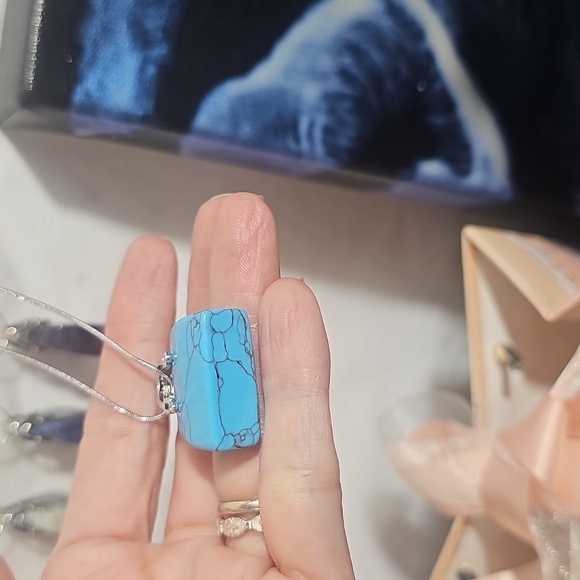 NWT Teal Agate Stone Purse Pendant with Silver Stainless Steel Necklace 55" - Picture 2 of 2